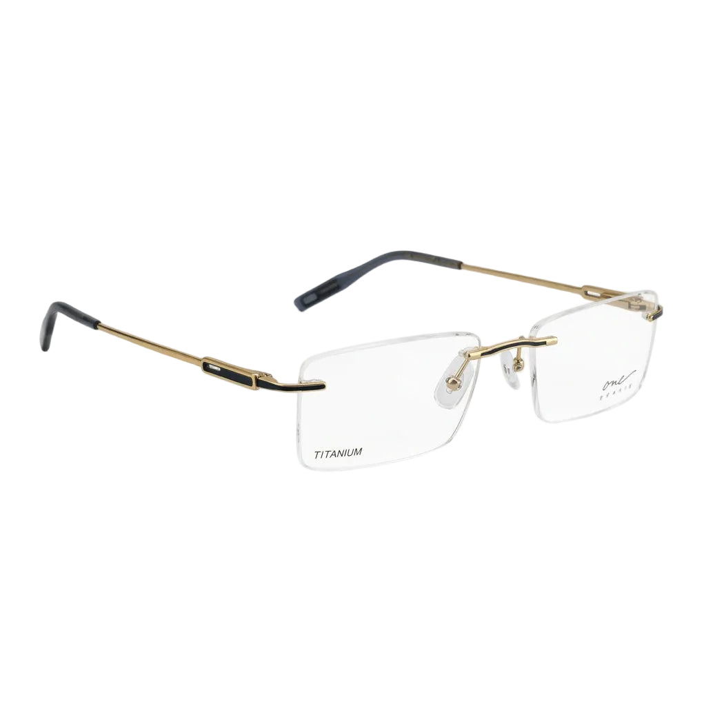 A pair of rimless rectangular eyeglasses with a gold-tone metal frame, clear lenses, and black temple tips, shown on a plain white background.