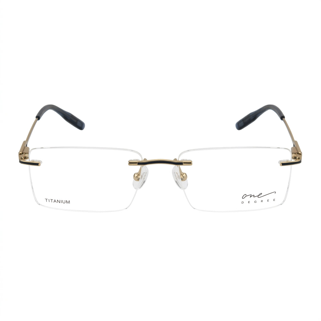 A pair of rimless rectangular eyeglasses with a gold metal bridge and hinges, clear lenses, and black temple tips. The brand name 'one degree' is printed on the lower right corner of the left lens, and 'TITANIUM' is printed on the lower left corner of the right lens, all against a plain white background.