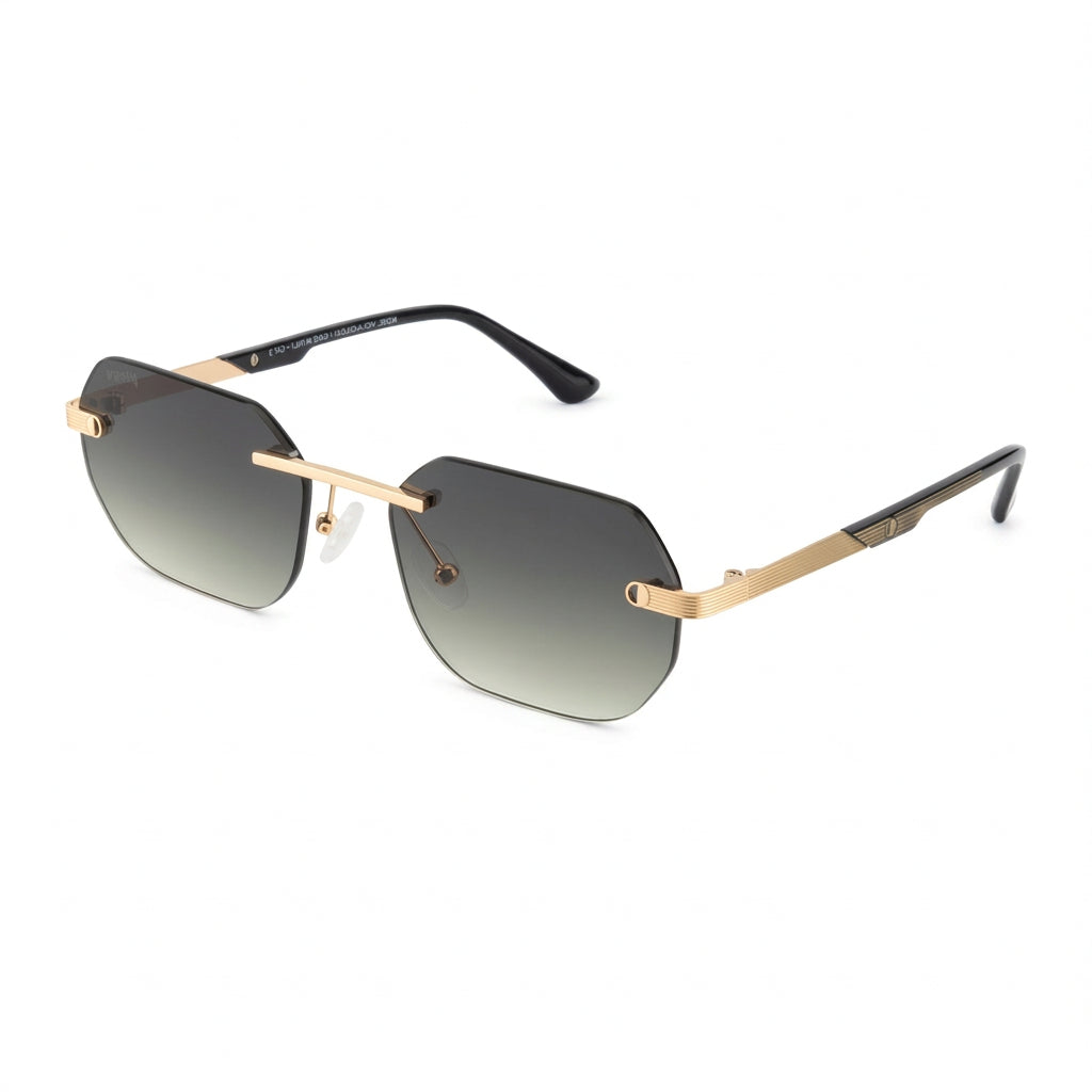 Gold-framed sunglasses with gradient lenses on a white background