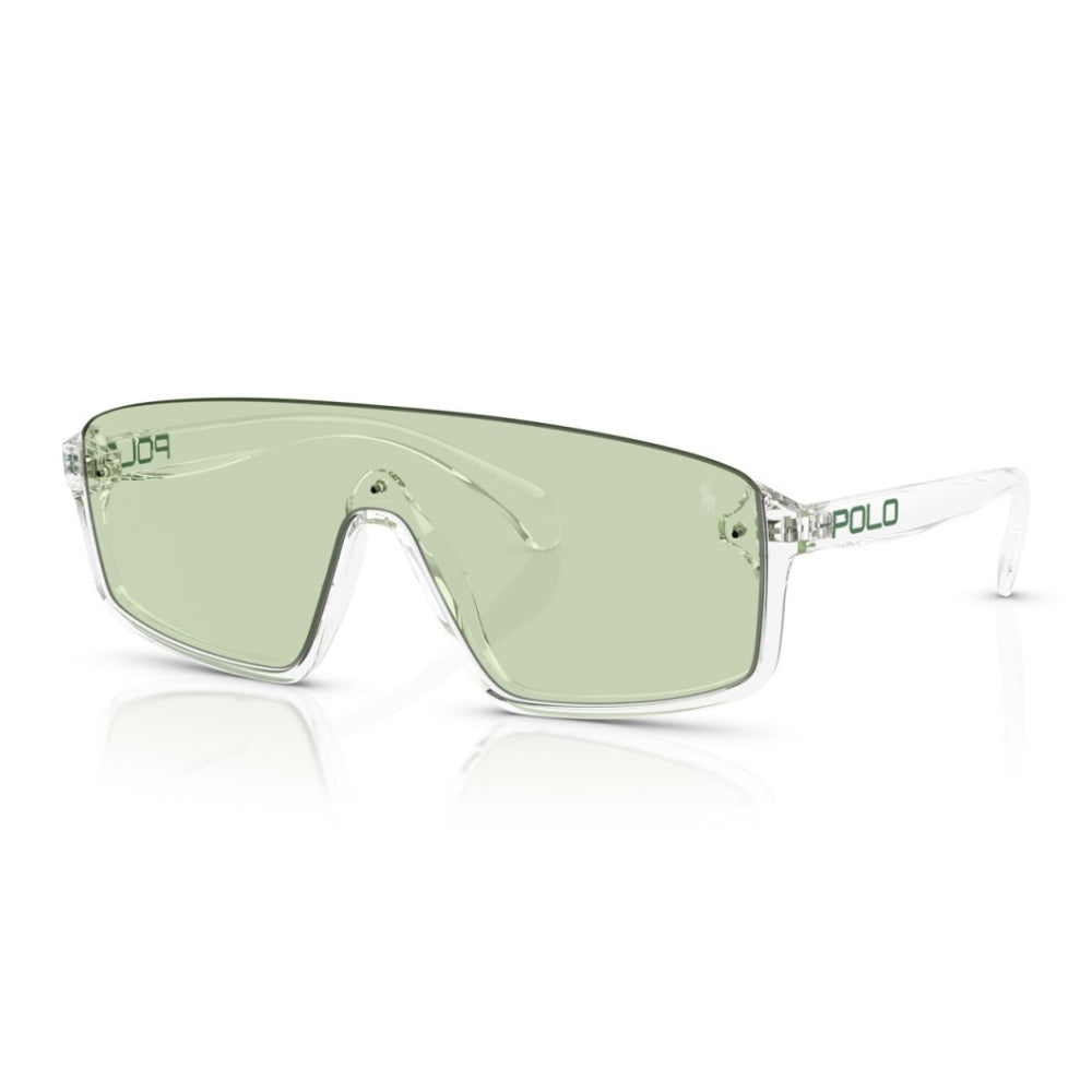 POLO shield-style sunglasses with a clear transparent frame and light green tinted lenses, shown on a white background with a soft reflection.